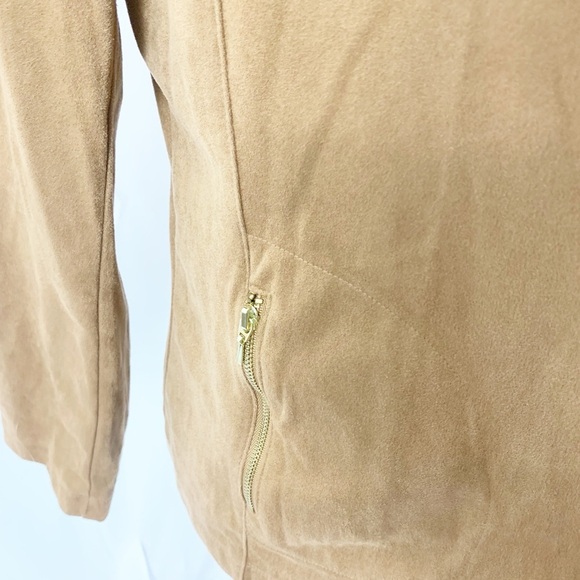 Tanjay Camel Brown Faux Suede Open Front Jacket with Gold Zip Pockets – Size 14 - Picture 3 of 8